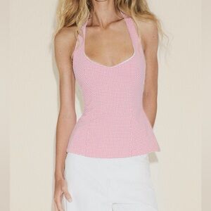 Zara Pink Gingham Halter Peplum Top